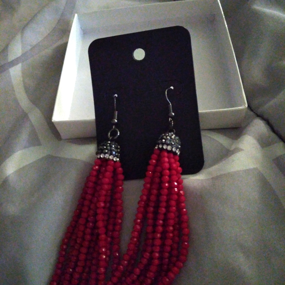 Red & silver frindge earrings
